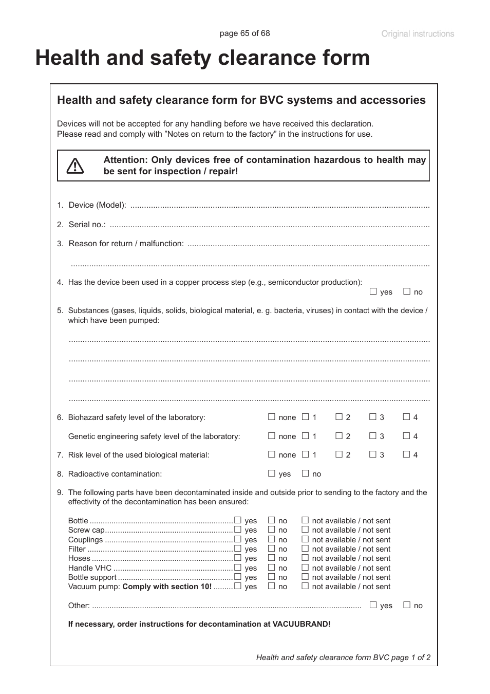 Health and safety clearance form | VACUUBRAND BVC professional G User Manual | Page 65 / 68