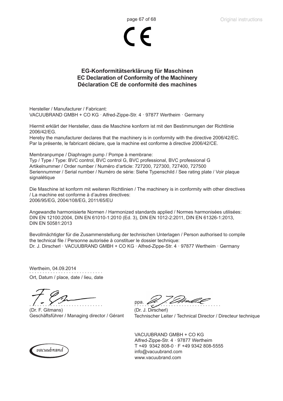 Ec declaration of conformity of the machinery | VACUUBRAND BVC professional G User Manual | Page 67 / 68