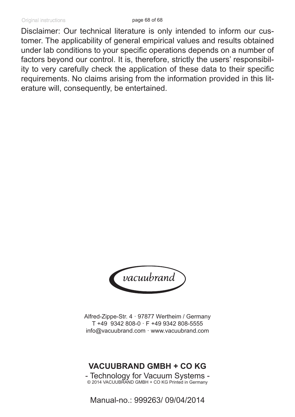VACUUBRAND BVC professional G User Manual | Page 68 / 68