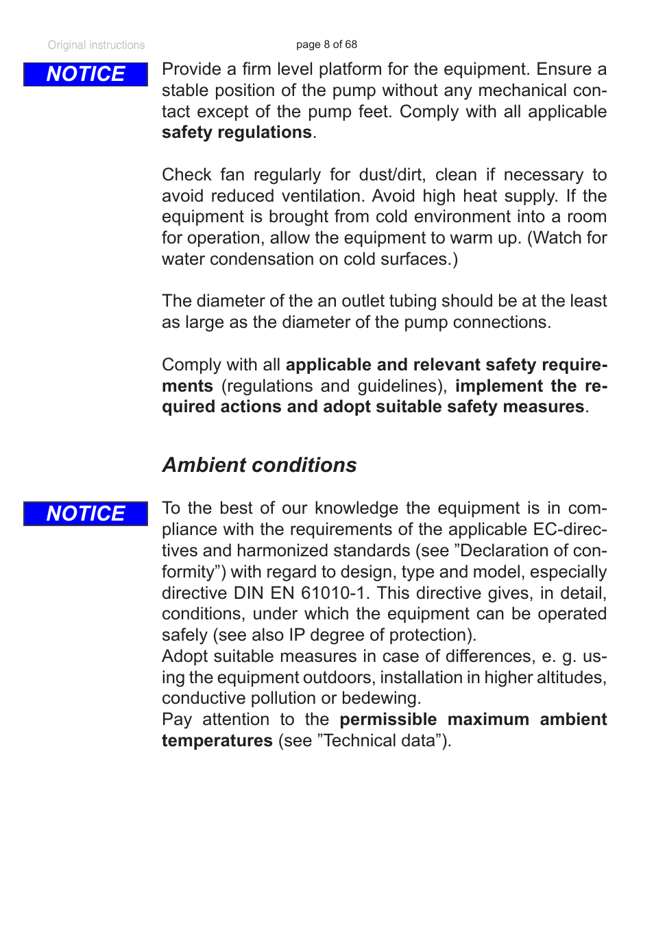 Ambient conditions, Notice | VACUUBRAND BVC professional G User Manual | Page 8 / 68