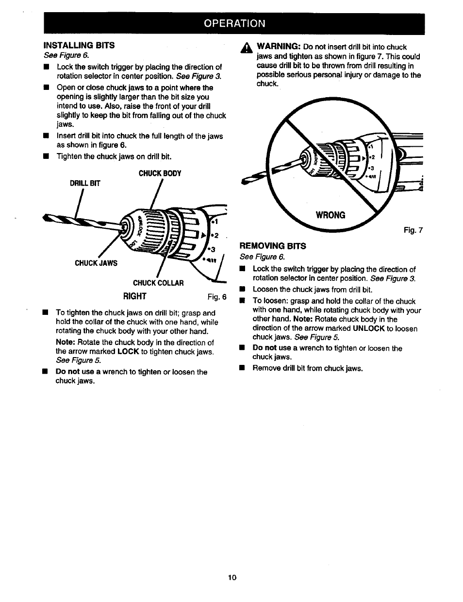 Installing bits, Removing bits, Operation | Craftsman 315.11196 User Manual | Page 10 / 16