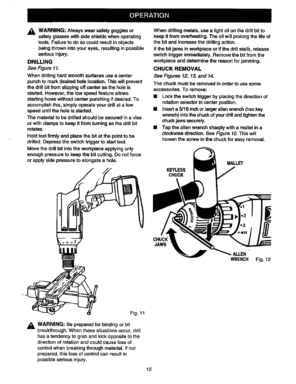 Drilling, Chuck removal, Operation | Craftsman 315.11196 User Manual | Page 12 / 16