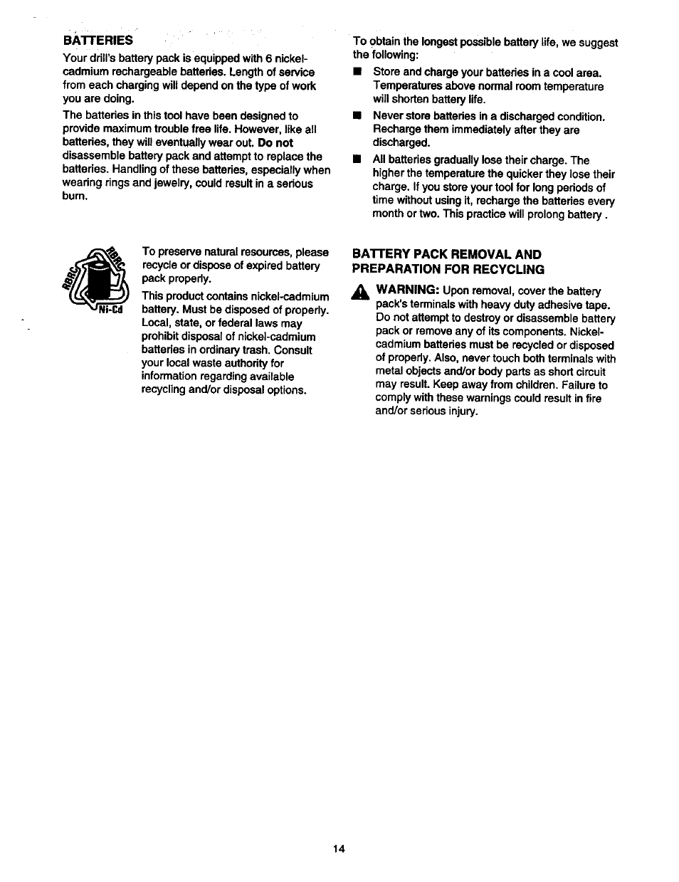 Batteries, Battery pack removal and preparation for recycling | Craftsman 315.11196 User Manual | Page 14 / 16