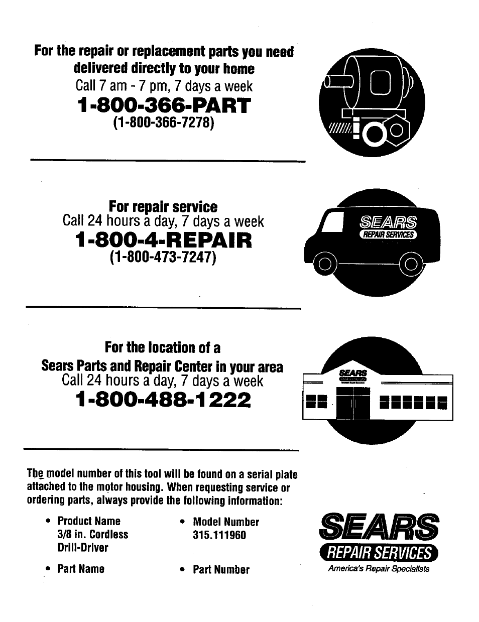 1 -800-366-part, 800-4-repair | Craftsman 315.11196 User Manual | Page 16 / 16