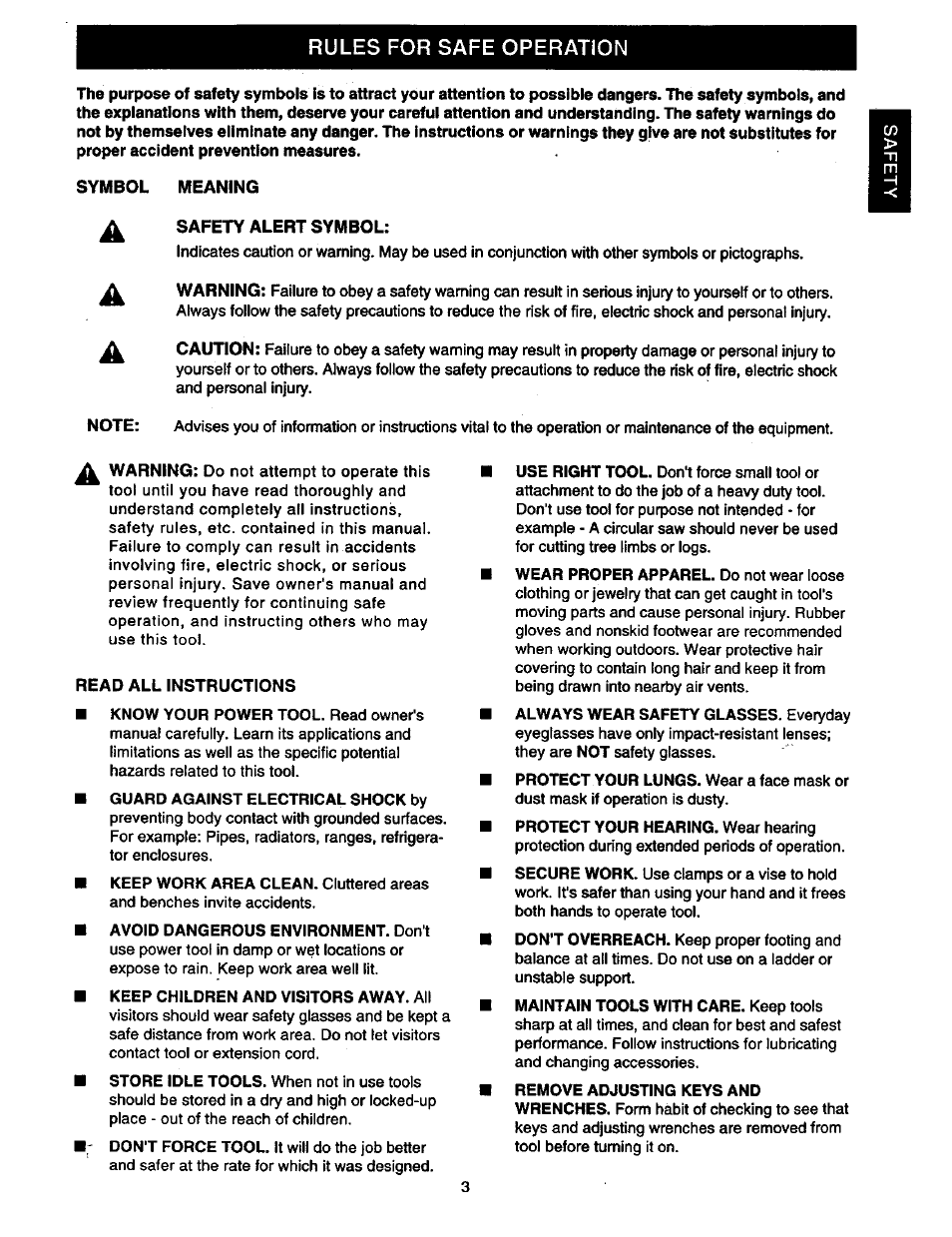 Symbol meaning, Rules for safe operation | Craftsman 315.11196 User Manual | Page 3 / 16