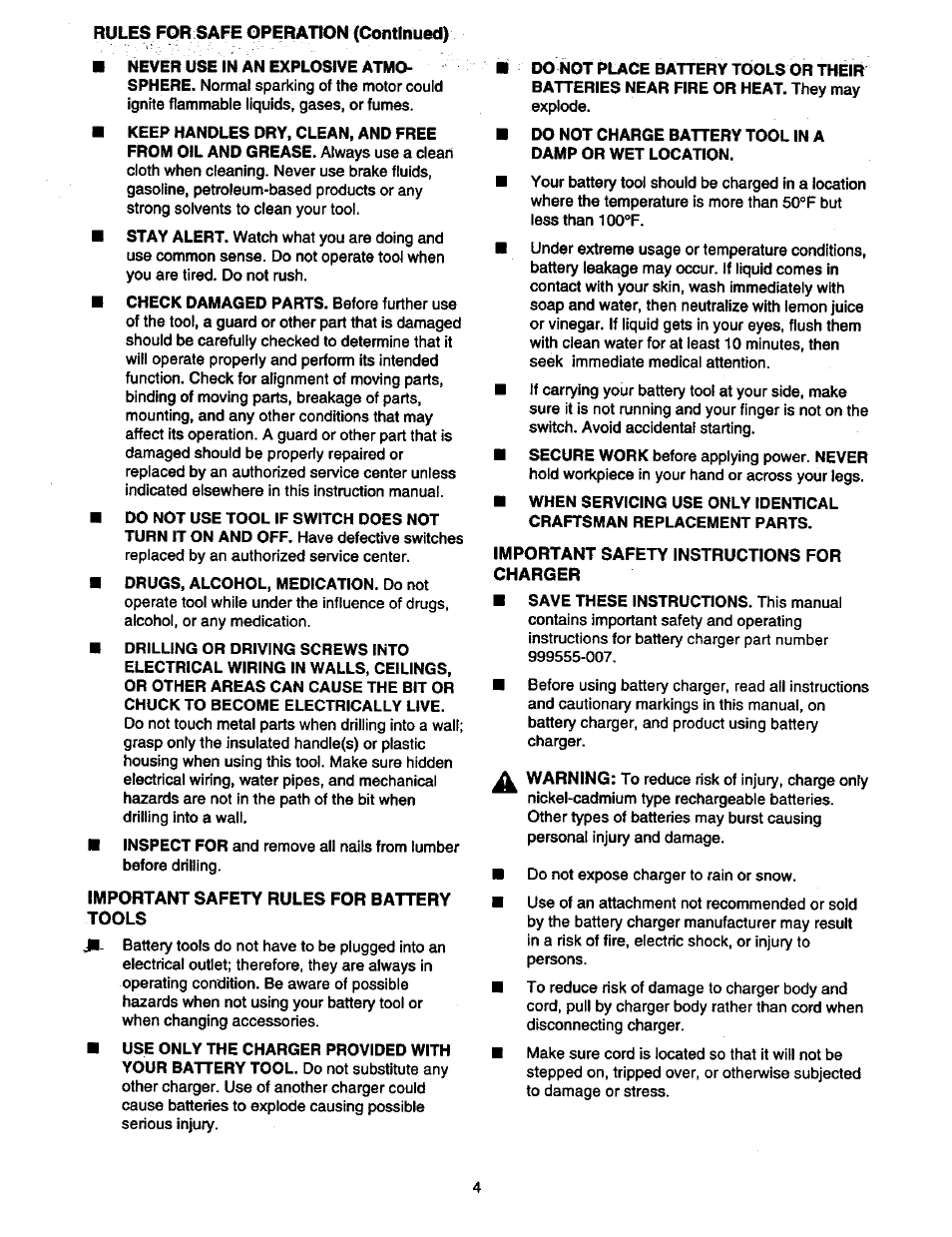 Important safety rules for battery tools, Important safety instructions for, Charger | A. important safety rules for battery tools, B. important safety instructions for charger | Craftsman 315.11196 User Manual | Page 4 / 16