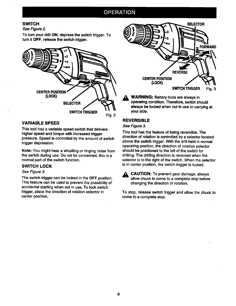 Switch, Variable speed, Switch lock | Reversible, Operation | Craftsman 315.11196 User Manual | Page 8 / 16