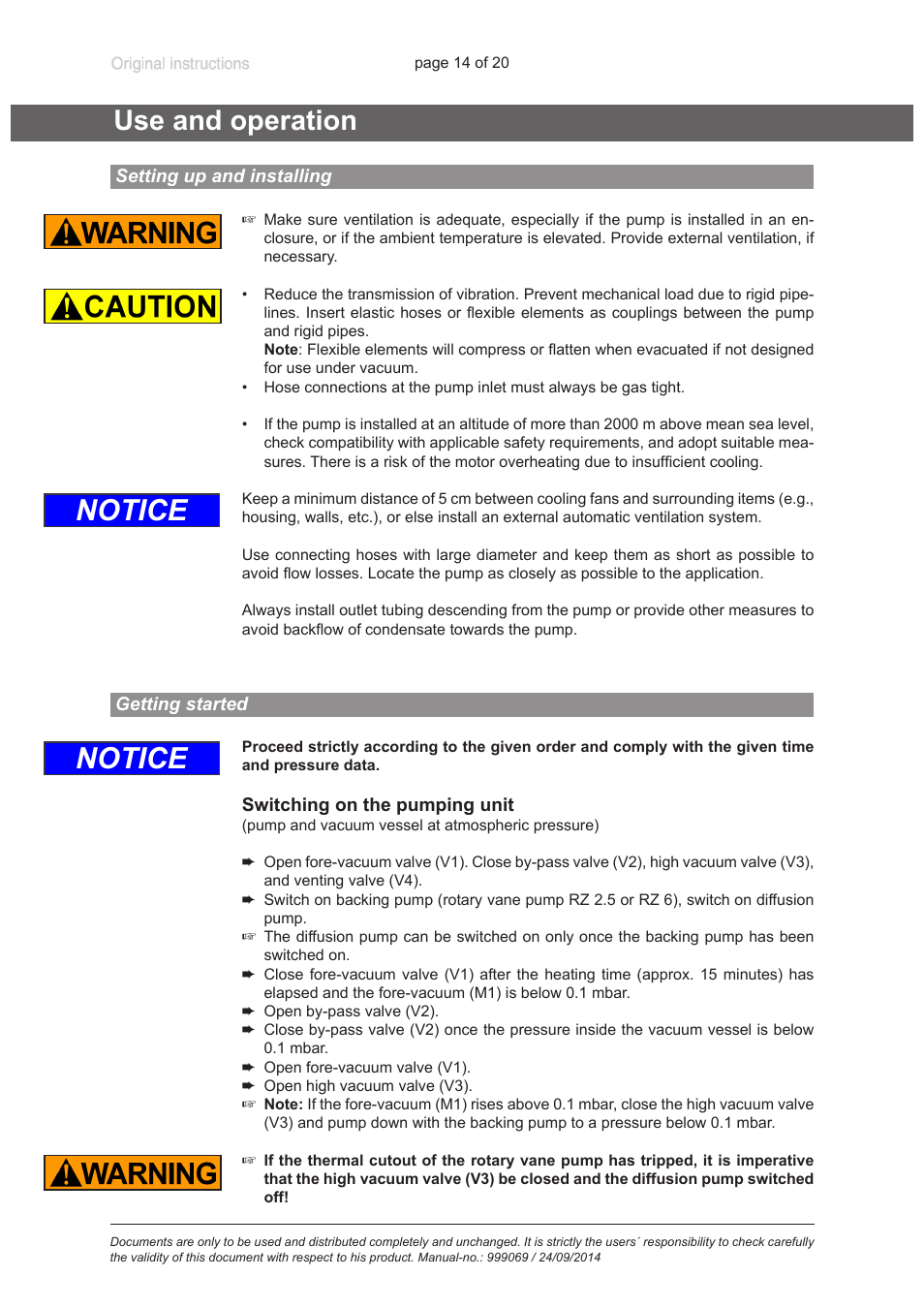 Use and operation, Setting up and installing, Getting started | Notice | VACUUBRAND HP 63B2 User Manual | Page 14 / 20