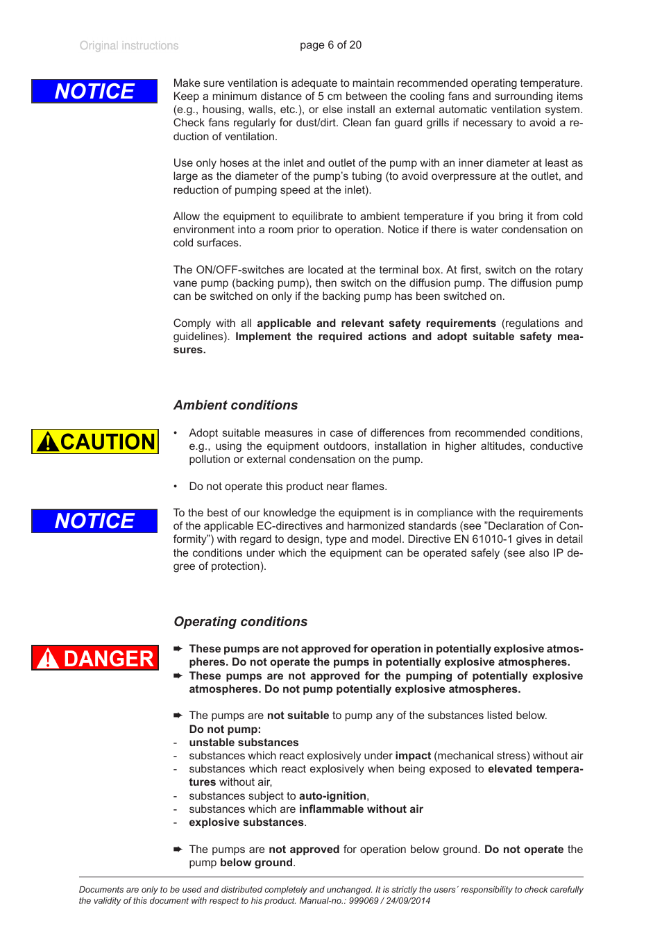 Ambient conditions, Operating conditions, Notice | VACUUBRAND HP 63B2 User Manual | Page 6 / 20