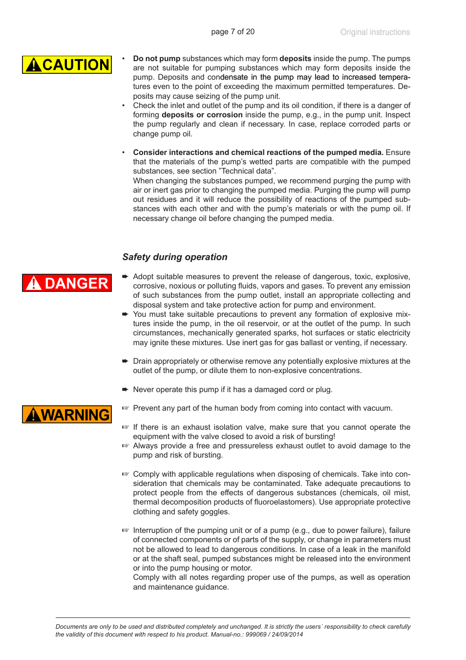 Safety during operation | VACUUBRAND HP 63B2 User Manual | Page 7 / 20