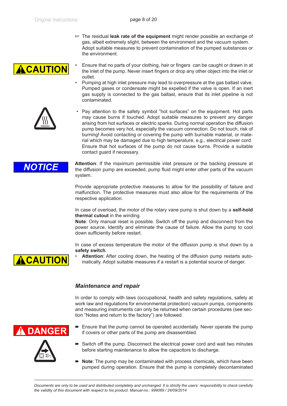 Maintenance and repair, Notice | VACUUBRAND HP 63B2 User Manual | Page 8 / 20