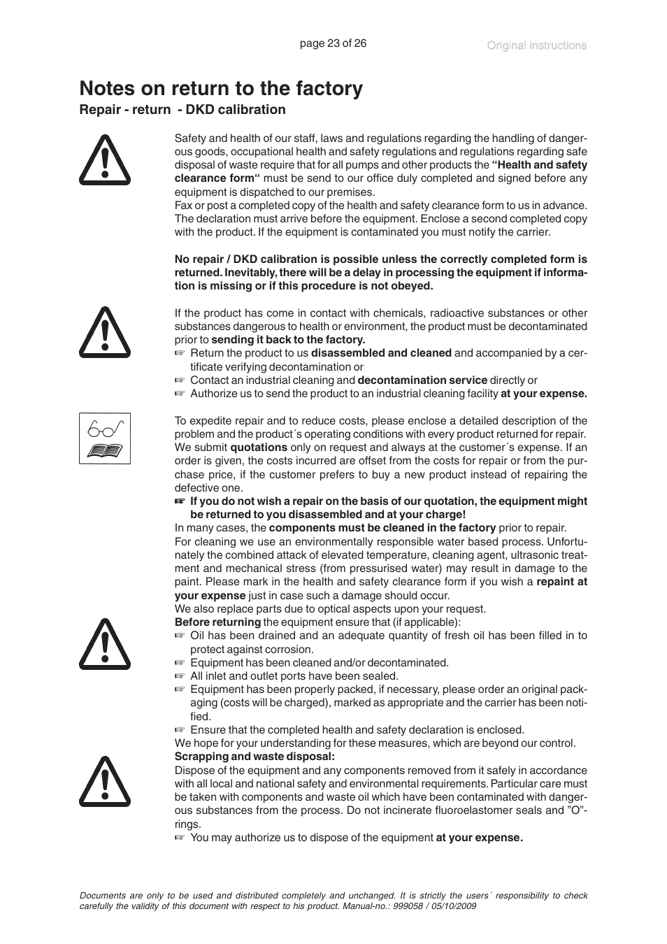 Notes on return to the factory | VACUUBRAND MZ 2C +AK+M+D User Manual | Page 23 / 26