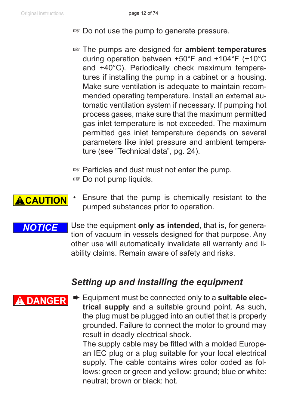 Setting up and installing the equipment, Notice | VACUUBRAND MZ 2C NT +AK+M+D User Manual | Page 12 / 74