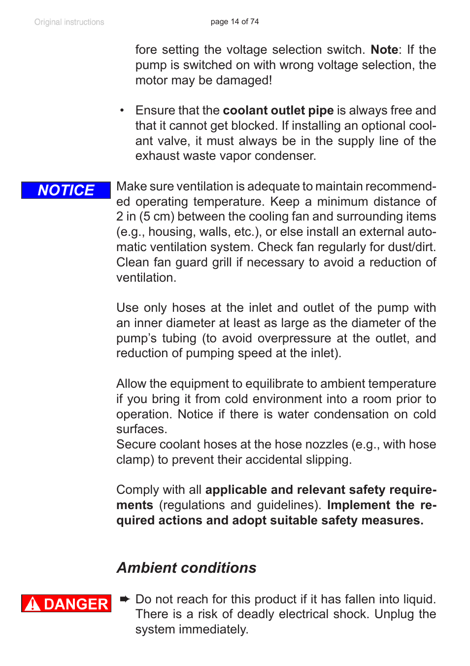 Ambient conditions, Notice | VACUUBRAND MZ 2C NT +AK+M+D User Manual | Page 14 / 74