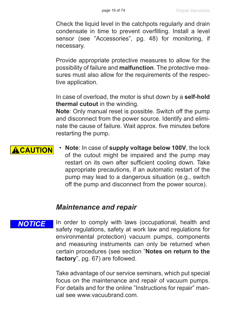 Maintenance and repair, Notice | VACUUBRAND MZ 2C NT +AK+M+D User Manual | Page 19 / 74