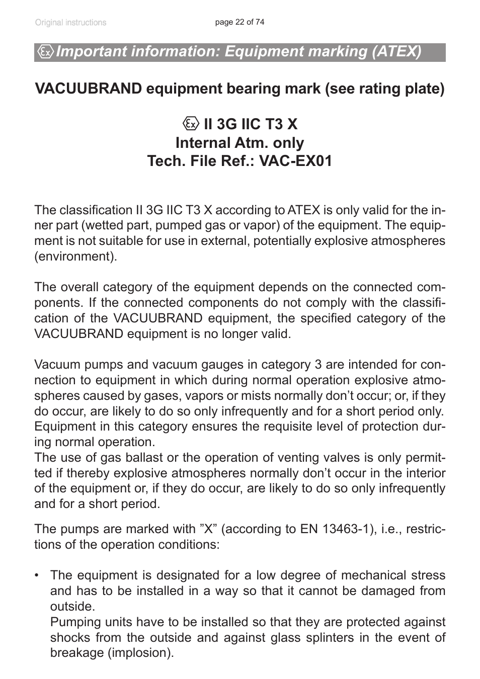 Important information: equipment marking (atex), Section, Important information | Equipment marking (atex)“, pg. 22) | VACUUBRAND MZ 2C NT +AK+M+D User Manual | Page 22 / 74