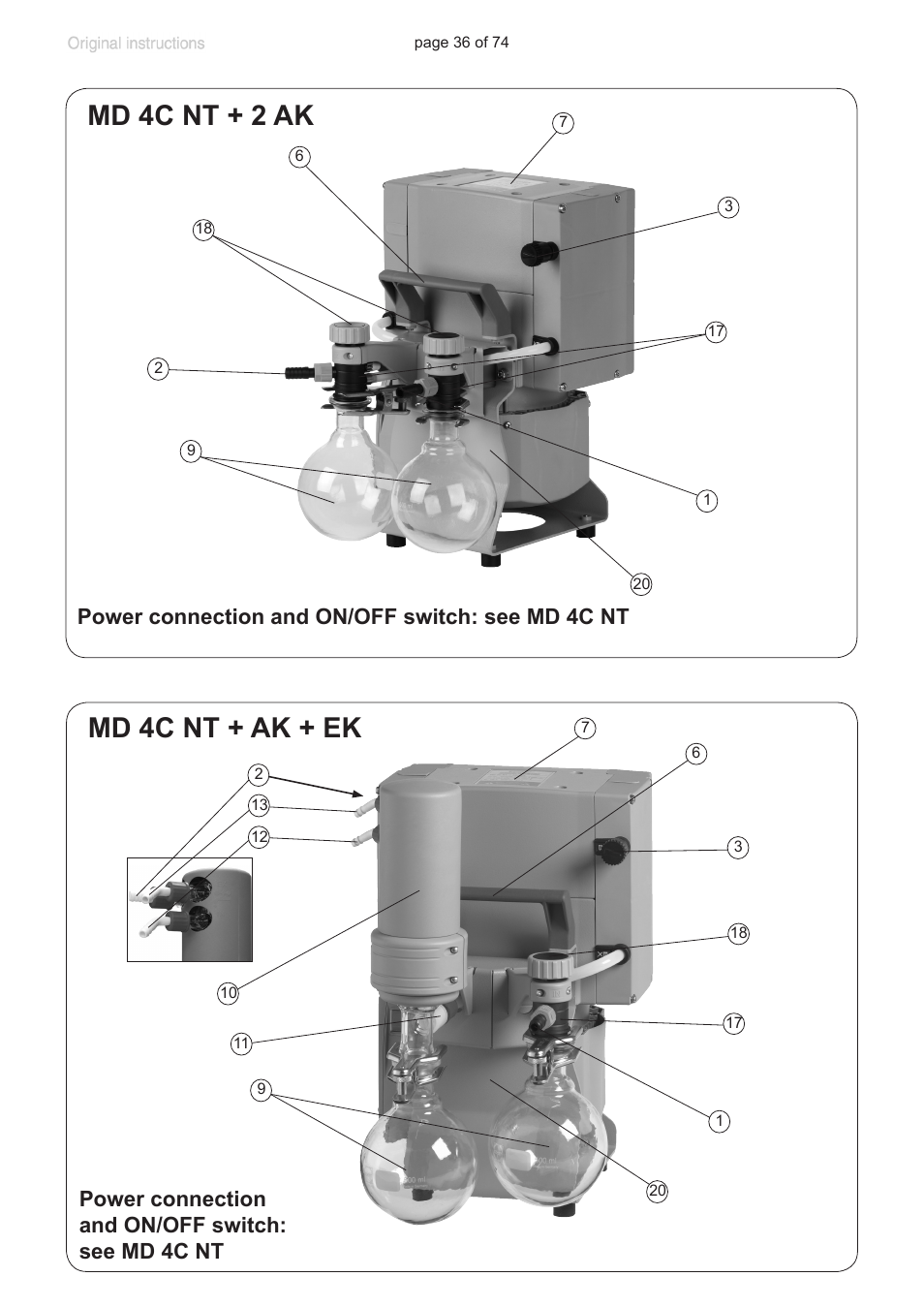 Md 4c nt + ak + ek, Md 4c nt + 2 ak, Power connection and on/off switch: see md 4c nt | VACUUBRAND MZ 2C NT +AK+M+D User Manual | Page 36 / 74