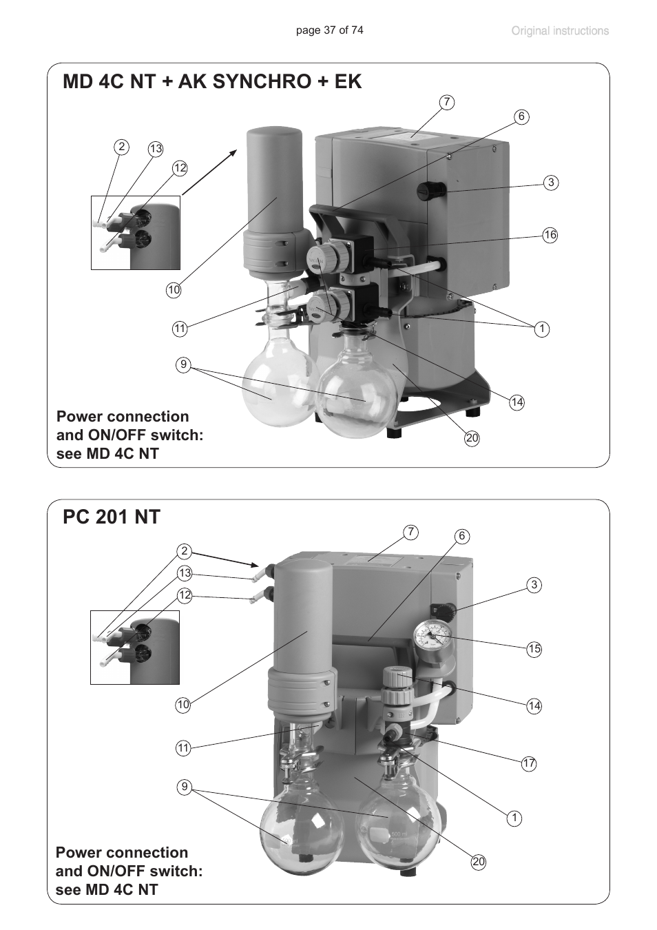 Md 4c nt + ak synchro + ek, Pc 201 nt, Power connection and on/off switch: see md 4c nt | VACUUBRAND MZ 2C NT +AK+M+D User Manual | Page 37 / 74