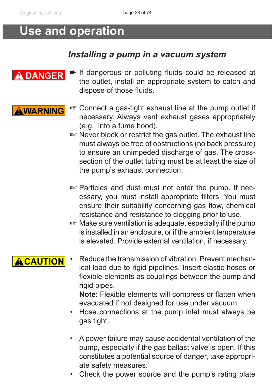 Use and operation, Installing a pump in a vacuum system | VACUUBRAND MZ 2C NT +AK+M+D User Manual | Page 38 / 74