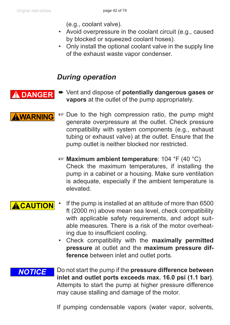 During operation, Notice | VACUUBRAND MZ 2C NT +AK+M+D User Manual | Page 42 / 74