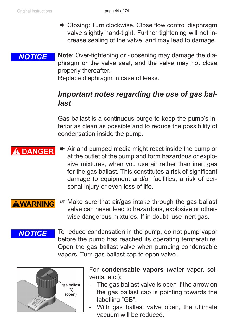 Important notes regarding the use of gas ballast, Notice | VACUUBRAND MZ 2C NT +AK+M+D User Manual | Page 44 / 74