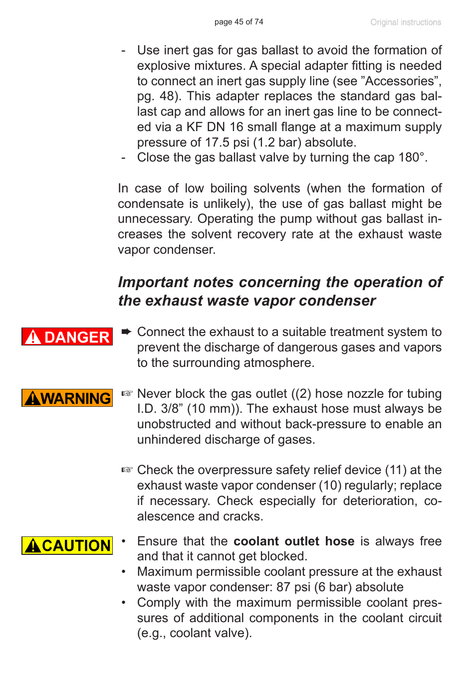 Important notes concerning the operation of the, Exhaust waste vapor condenser | VACUUBRAND MZ 2C NT +AK+M+D User Manual | Page 45 / 74