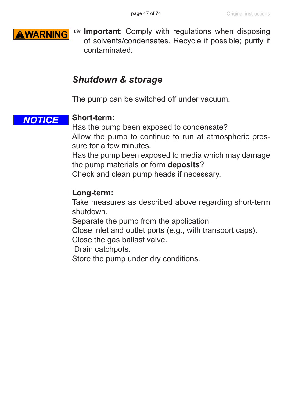 Shutdown & storage, Notice | VACUUBRAND MZ 2C NT +AK+M+D User Manual | Page 47 / 74