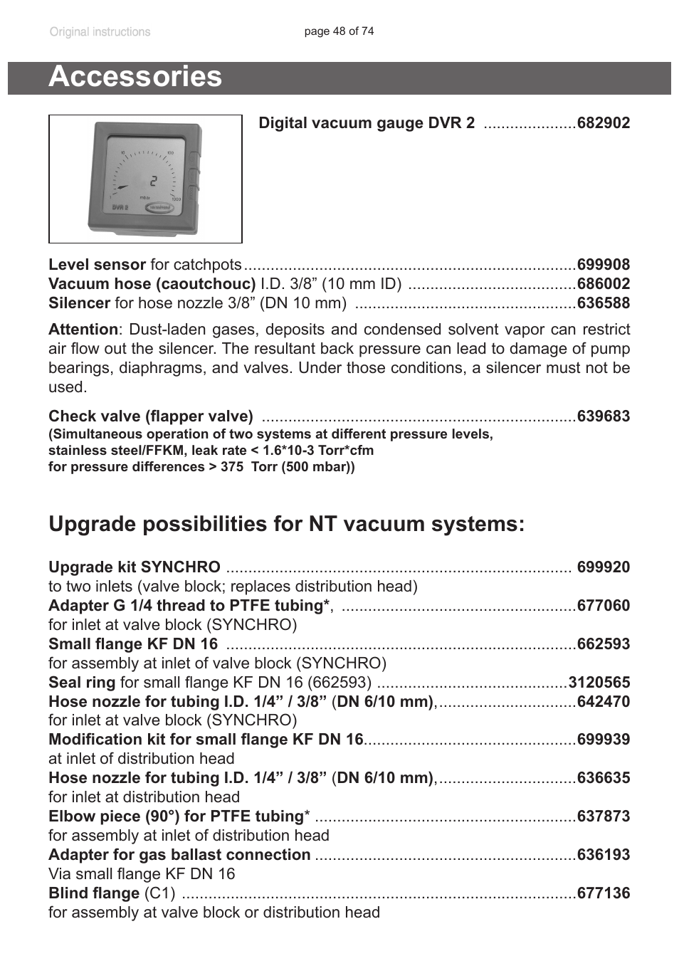 Accessories, Upgrade possibilities for nt vacuum systems | VACUUBRAND MZ 2C NT +AK+M+D User Manual | Page 48 / 74