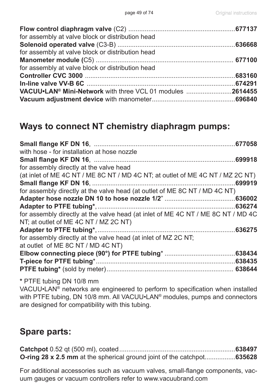 Ways to connect nt chemistry diaphragm pumps, Spare parts | VACUUBRAND MZ 2C NT +AK+M+D User Manual | Page 49 / 74