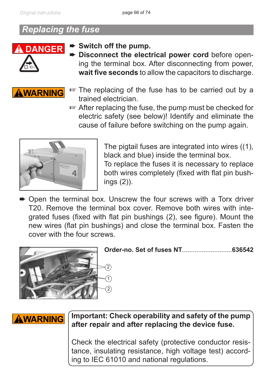 Replacing the fuse | VACUUBRAND MZ 2C NT +AK+M+D User Manual | Page 66 / 74