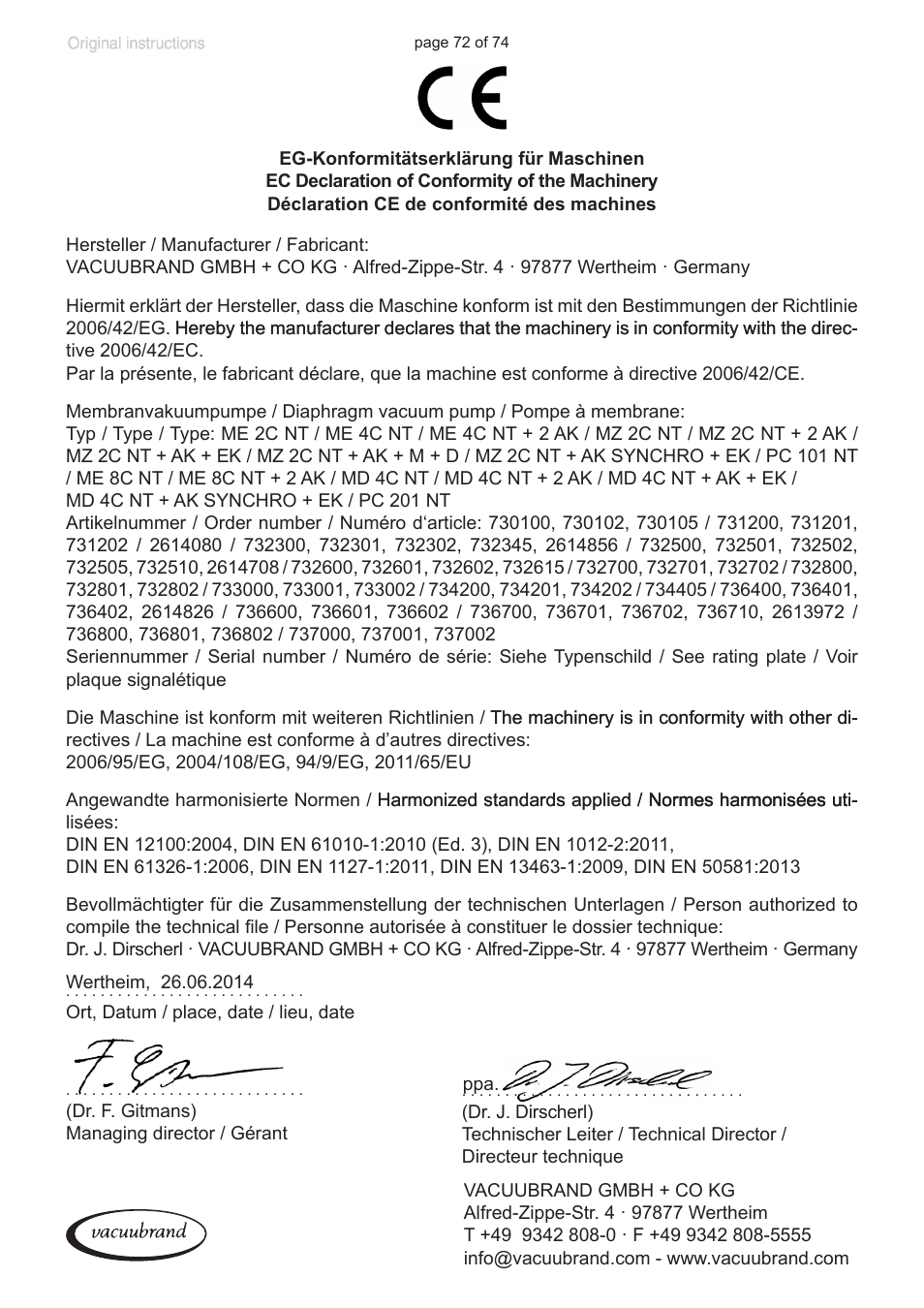 Ec declaration of conformity of the machinery | VACUUBRAND MZ 2C NT +AK+M+D User Manual | Page 72 / 74