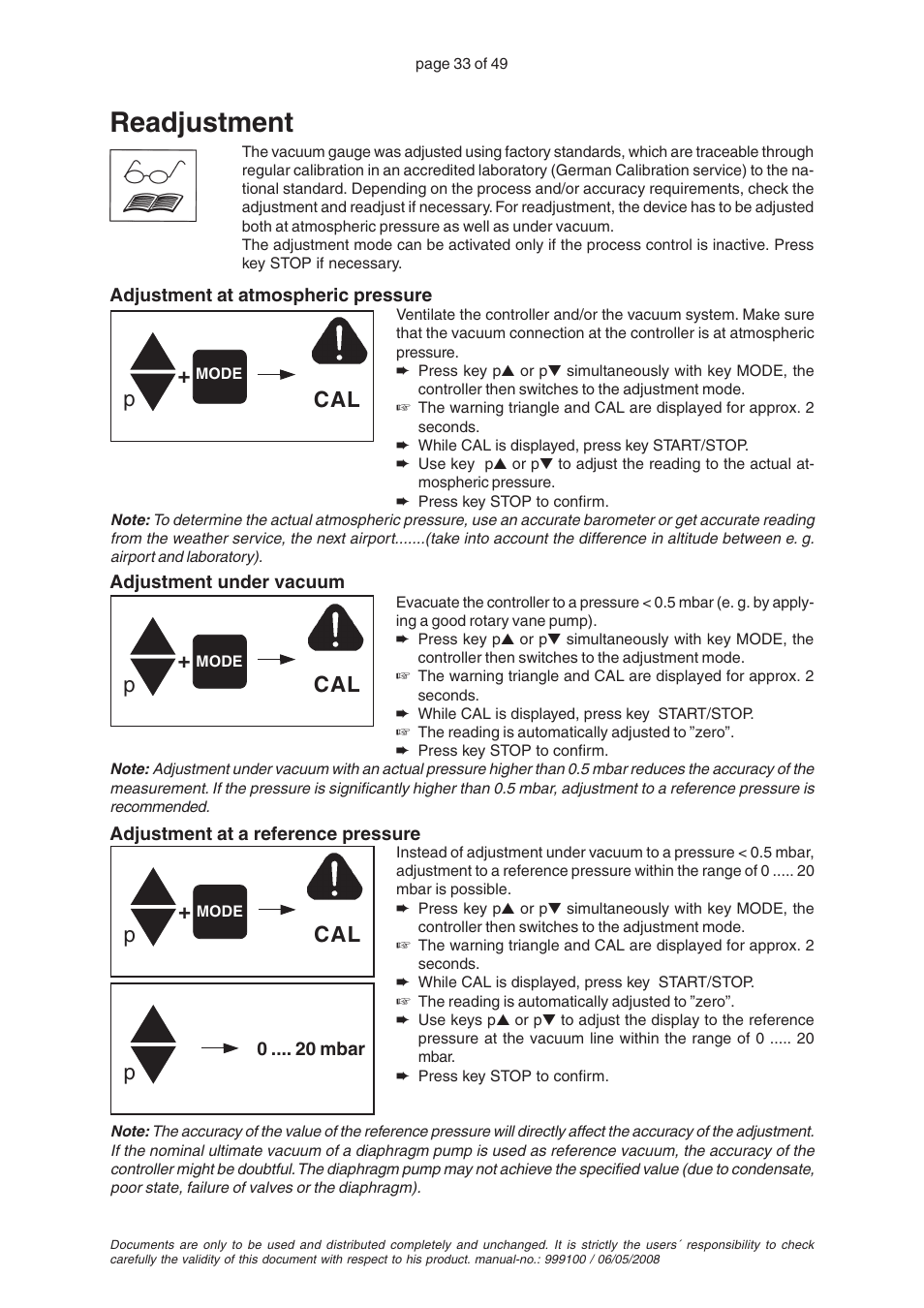 Readjustment, P+ cal, Cal p | VACUUBRAND PC 2001 VARIO User Manual | Page 33 / 49