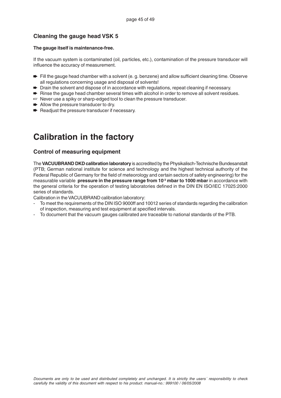 Calibration in the factory | VACUUBRAND PC 2001 VARIO User Manual | Page 45 / 49