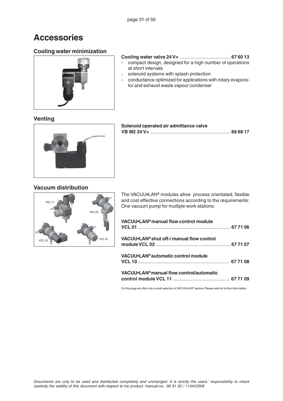 Accessories, Venting, Cooling water minimization | Vacuum distribution | VACUUBRAND PC 2001TE VARIO User Manual | Page 31 / 50