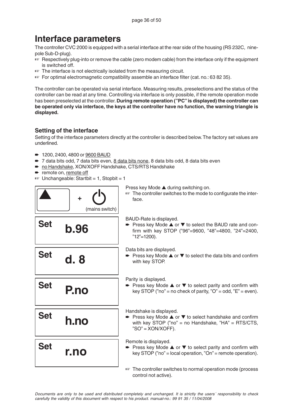 Interface parameters, B.96, D. 8 | P.no, H.no, R.no | VACUUBRAND PC 2001TE VARIO User Manual | Page 36 / 50