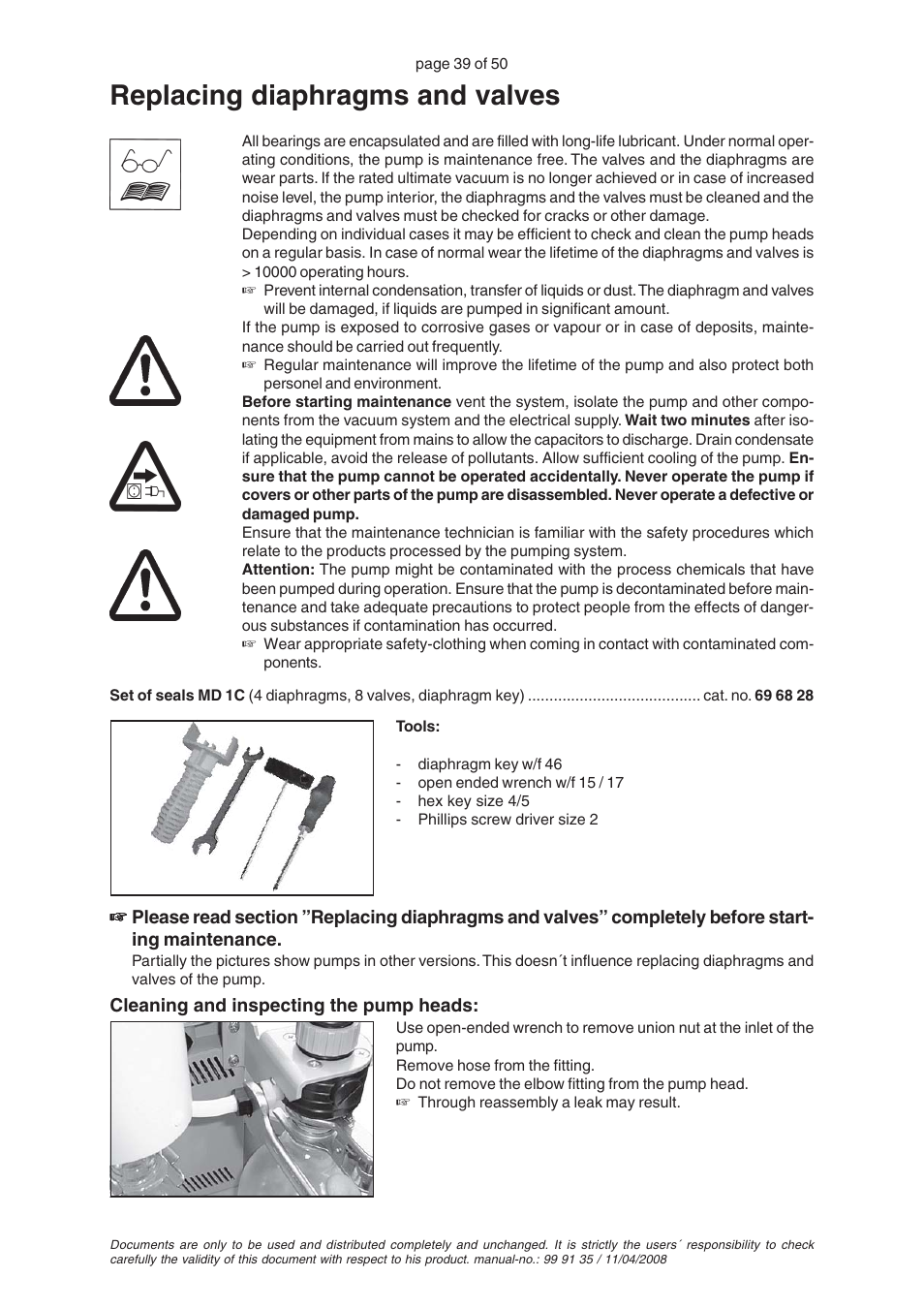 Replacing diaphragms and valves | VACUUBRAND PC 2001TE VARIO User Manual | Page 39 / 50