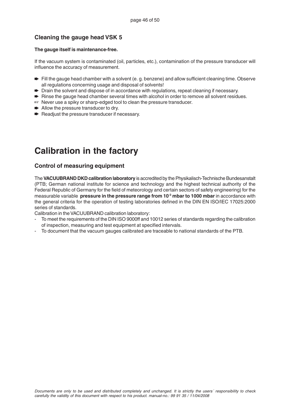 Calibration in the factory | VACUUBRAND PC 2001TE VARIO User Manual | Page 46 / 50