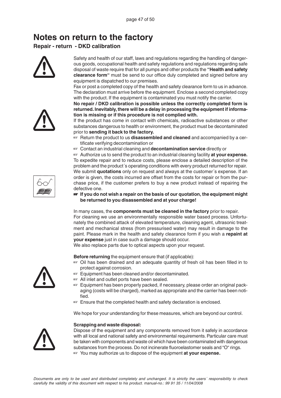 Notes on return to the factory | VACUUBRAND PC 2001TE VARIO User Manual | Page 47 / 50