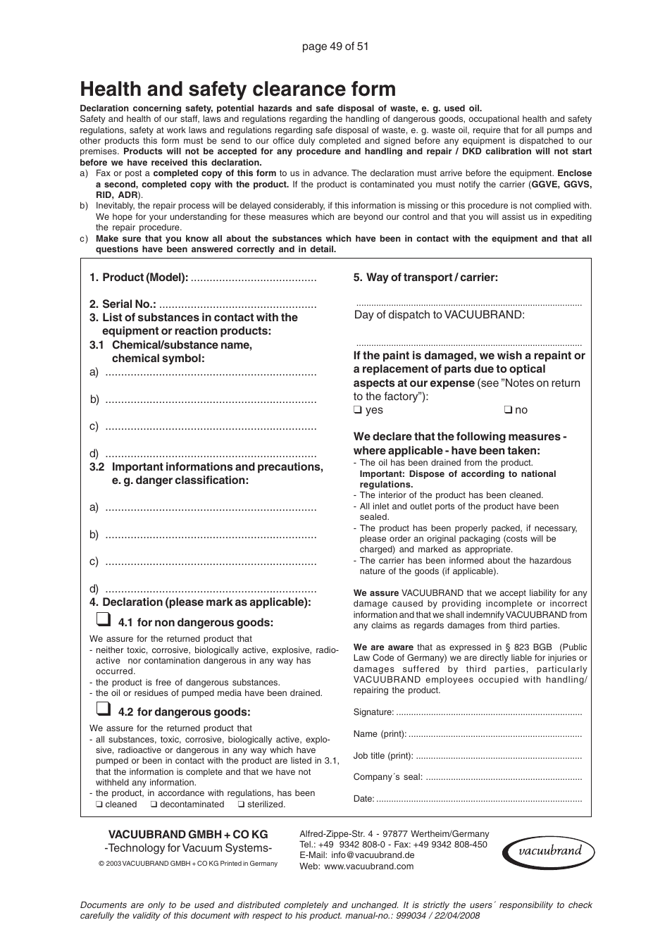 Health and safety clearance form | VACUUBRAND MZ 2C VARIO User Manual | Page 49 / 51