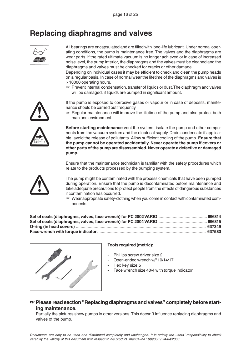 Replacing diaphragms and valves | VACUUBRAND PC 2004 VARIO without controller User Manual | Page 16 / 25