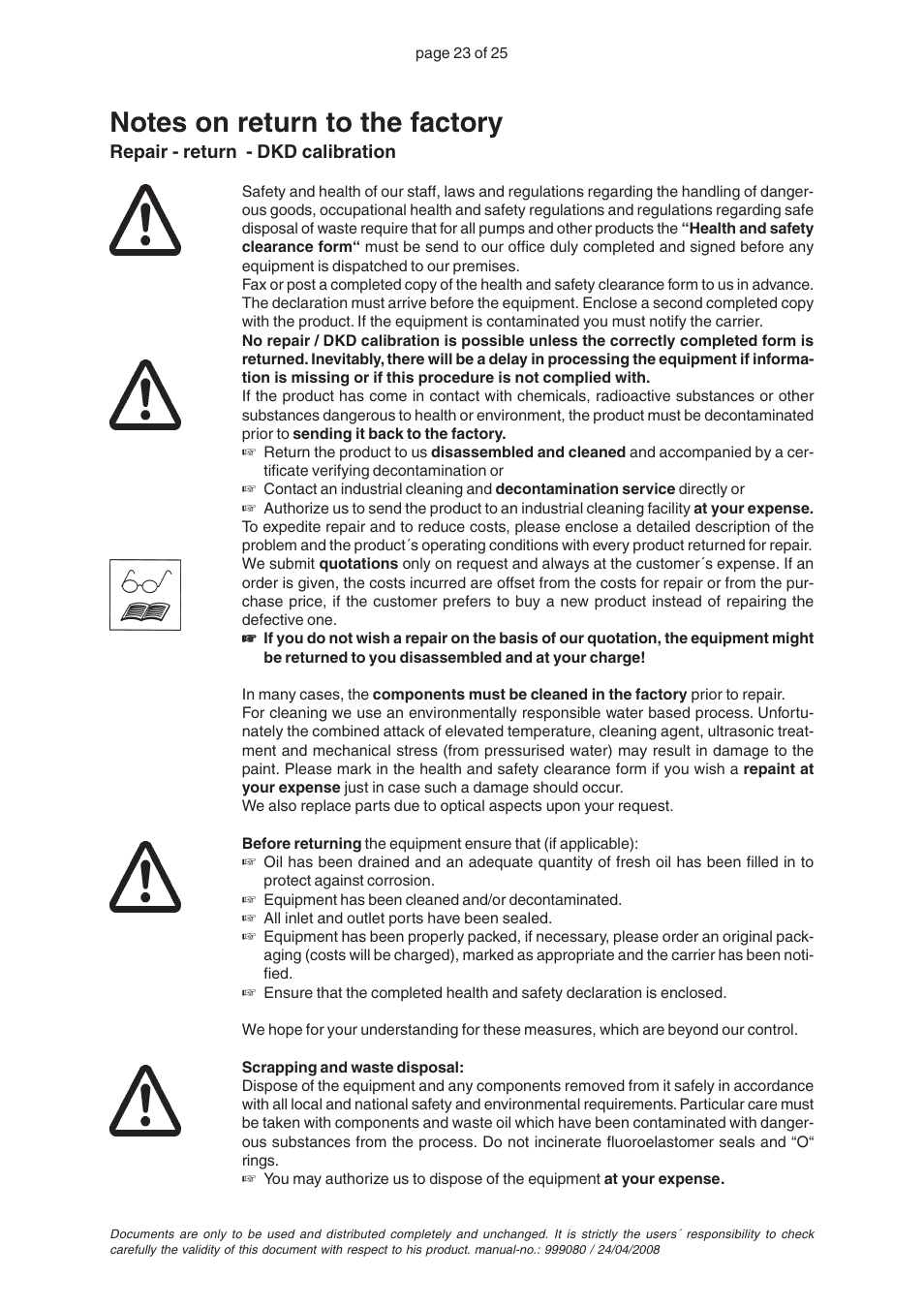 Notes on return to the factory | VACUUBRAND PC 2004 VARIO without controller User Manual | Page 23 / 25