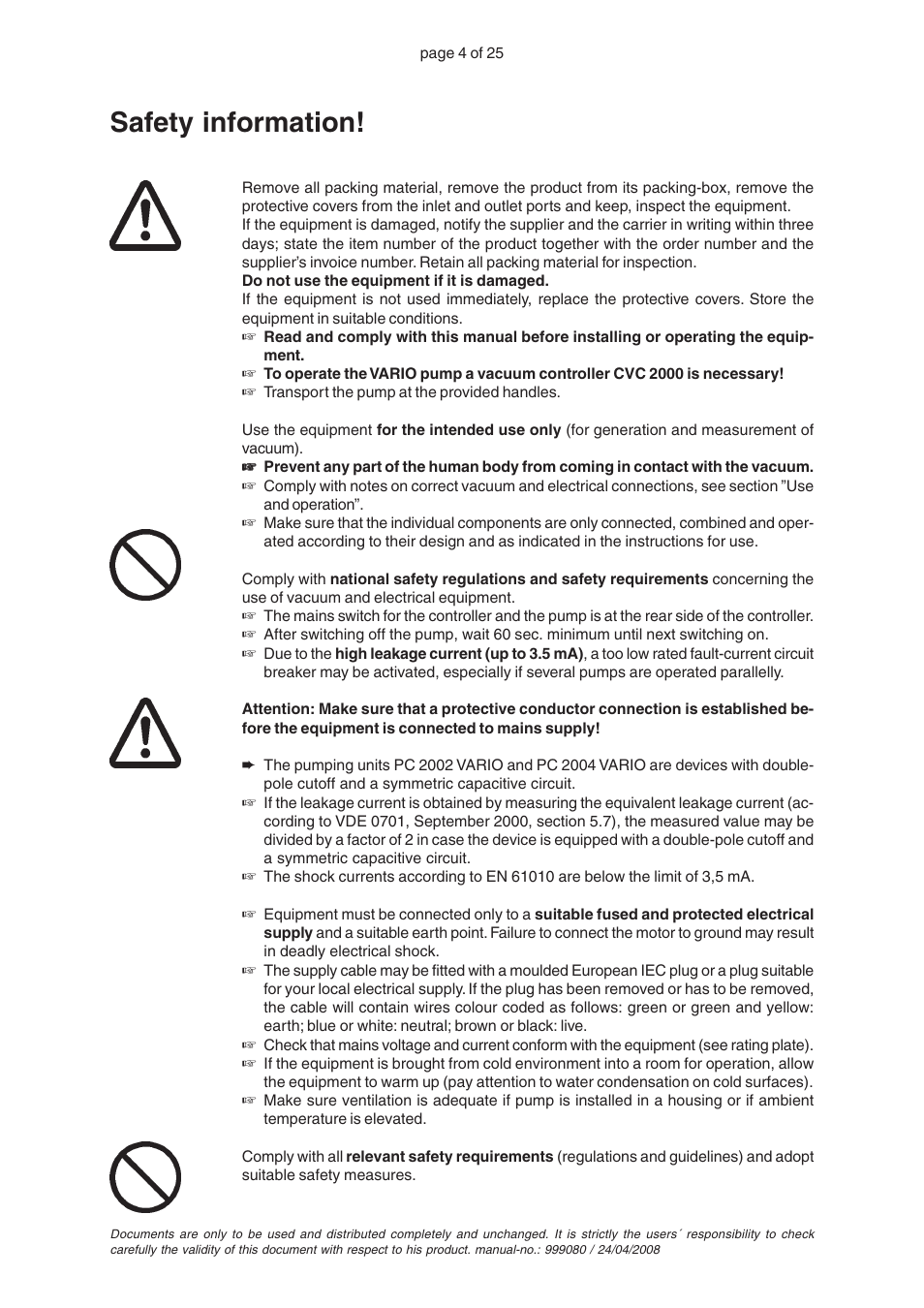 Safety information | VACUUBRAND PC 2004 VARIO without controller User Manual | Page 4 / 25