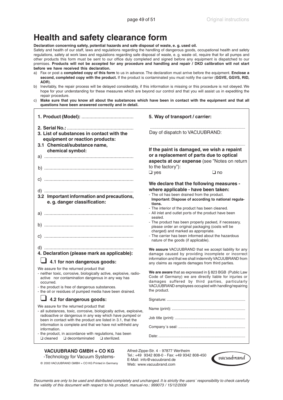 Health and safety clearance form | VACUUBRAND MV 10C VARIO User Manual | Page 49 / 51