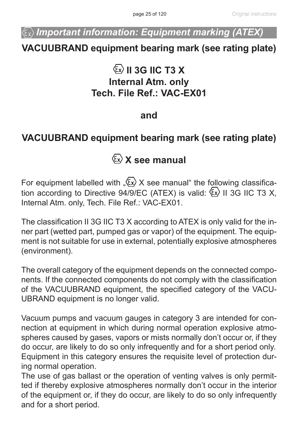 Important information: equipment marking (atex), Tex)”, pg. 25) | VACUUBRAND PC 3001 VARIO emission condenser Peltronic User Manual | Page 25 / 120