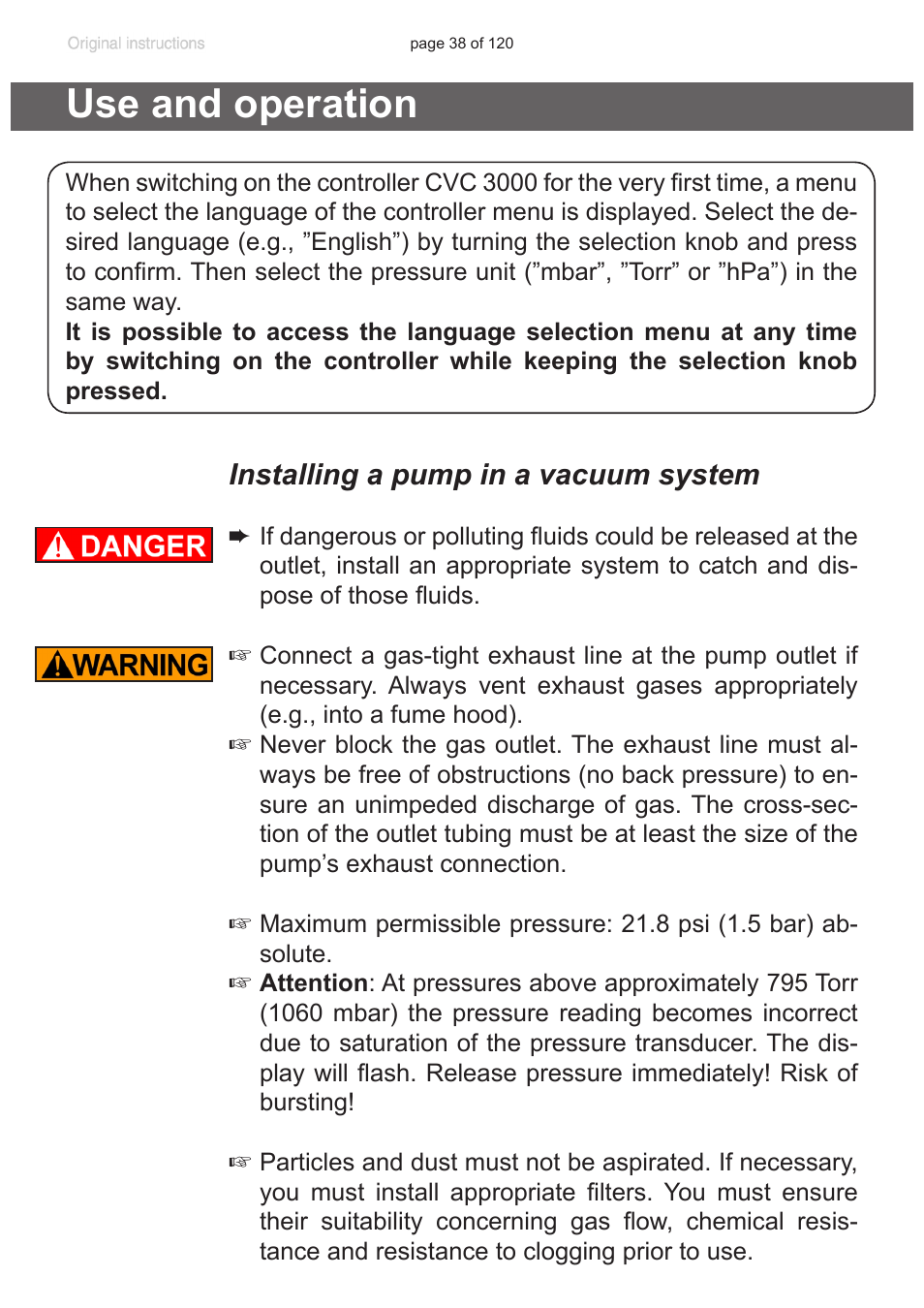 Use and operation, Installing a pump in a vacuum system, Notice | VACUUBRAND PC 3001 VARIO emission condenser Peltronic User Manual | Page 38 / 120