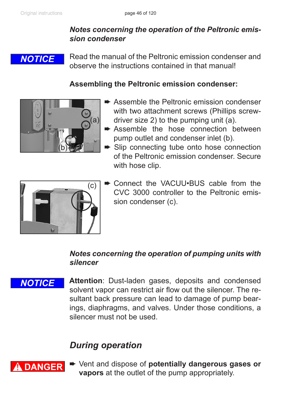 During operation, Notes concerning the operation of the, Peltronic emission condenser | Notice | VACUUBRAND PC 3001 VARIO emission condenser Peltronic User Manual | Page 46 / 120