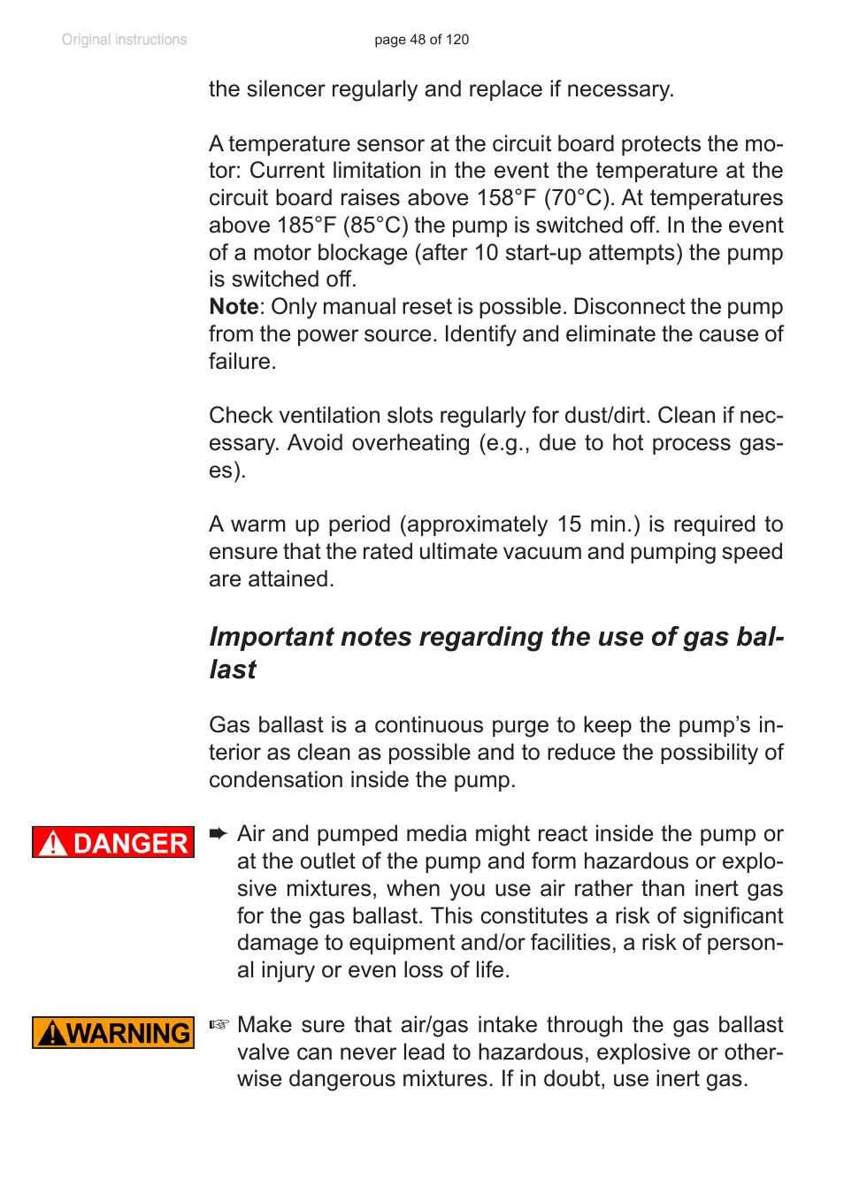 Important notes regarding the use of gas ballast | VACUUBRAND PC 3001 VARIO emission condenser Peltronic User Manual | Page 48 / 120