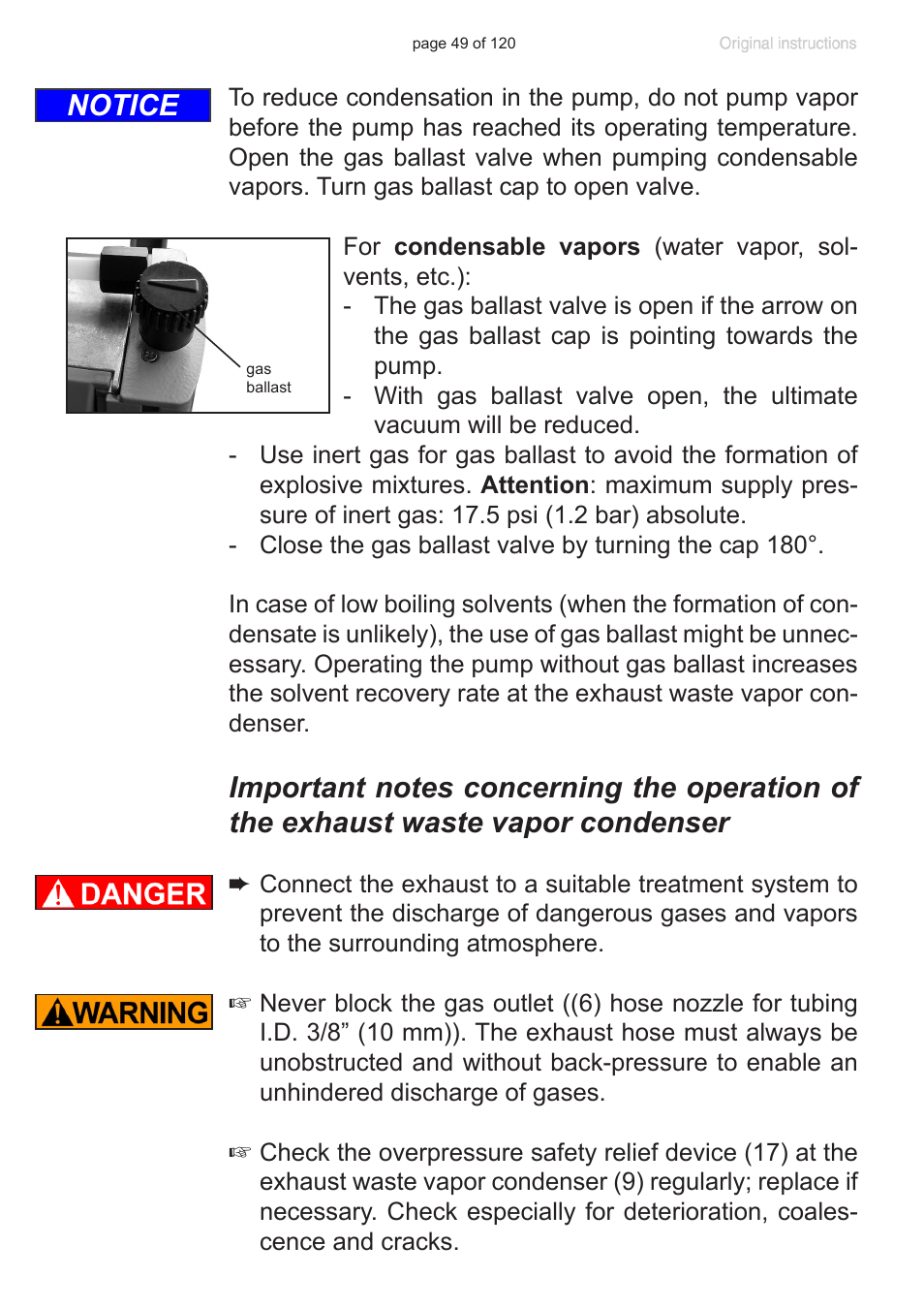 Important notes concerning the operation of the, Exhaust waste vapor condenser, Notice | VACUUBRAND PC 3001 VARIO emission condenser Peltronic User Manual | Page 49 / 120