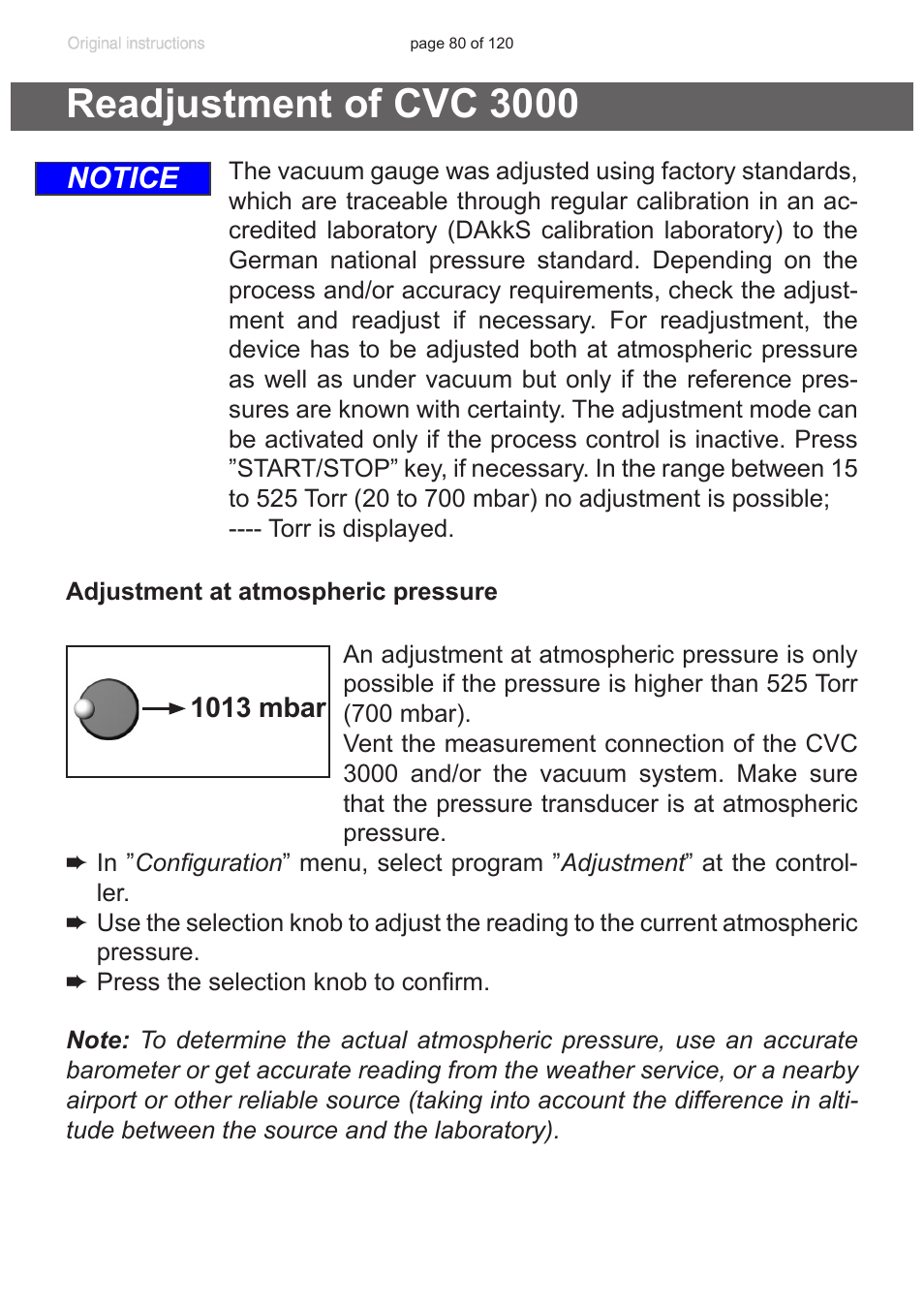 Readjustment of cvc 3000, Notice | VACUUBRAND PC 3001 VARIO emission condenser Peltronic User Manual | Page 80 / 120
