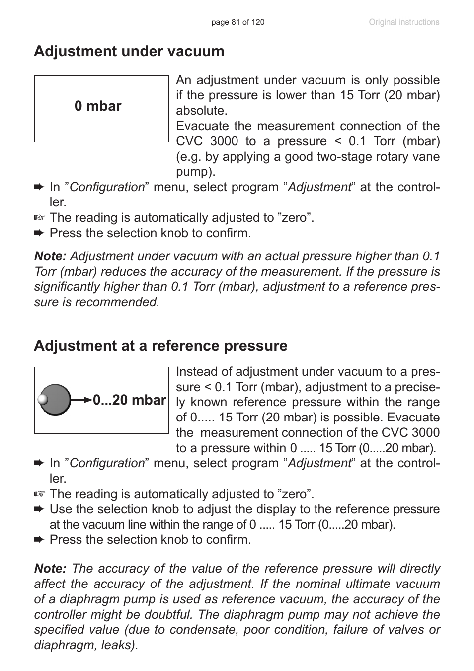 Adjustment under vacuum, Adjustment at a reference pressure | VACUUBRAND PC 3001 VARIO emission condenser Peltronic User Manual | Page 81 / 120